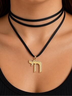 Chai Hebrew Letter Pave Pendant Necklace - Black suede 18K Real Gold Plated